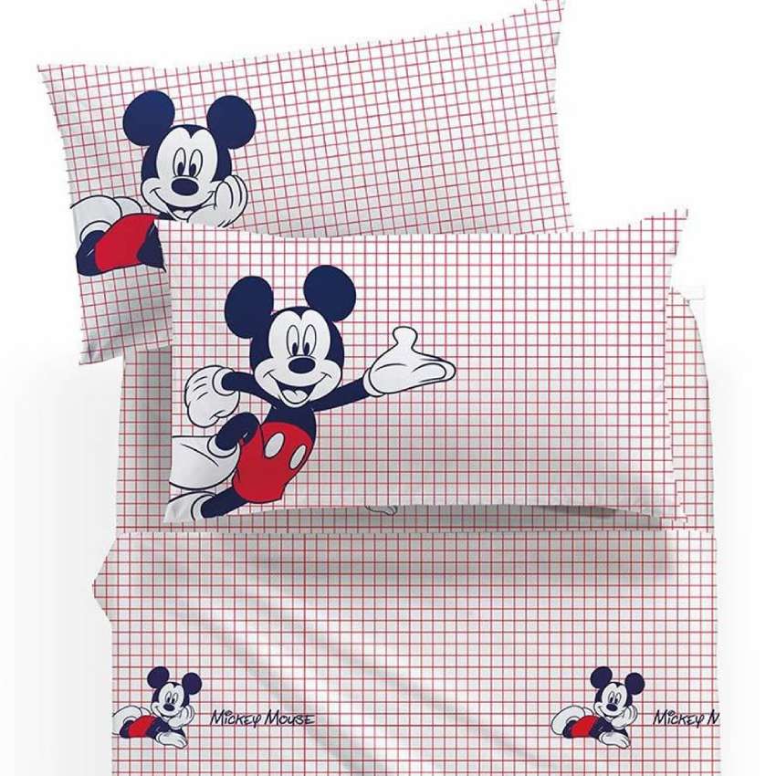 Completo lenzuola Topolino Caleffi Disney. Fantasia a righe rosse su fondo bianco, con topolino.