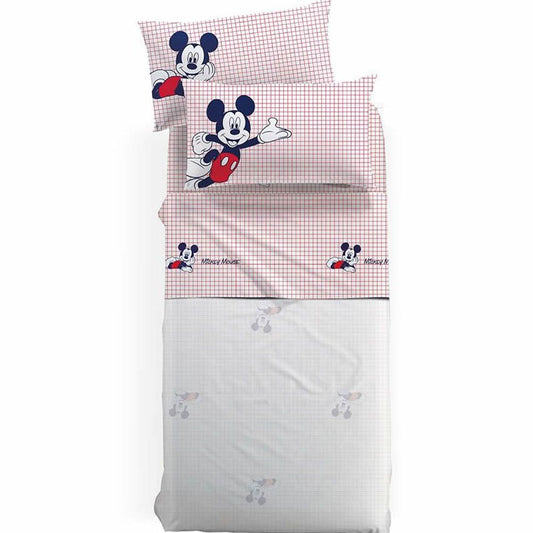 Completo lenzuola Topolino Caleffi Disney. Fantasia a righe rosse su fondo bianco, con topolino.