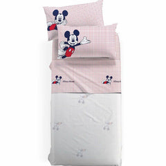 Completo lenzuola Topolino Caleffi Disney. Fantasia a righe rosse su fondo bianco, con topolino.