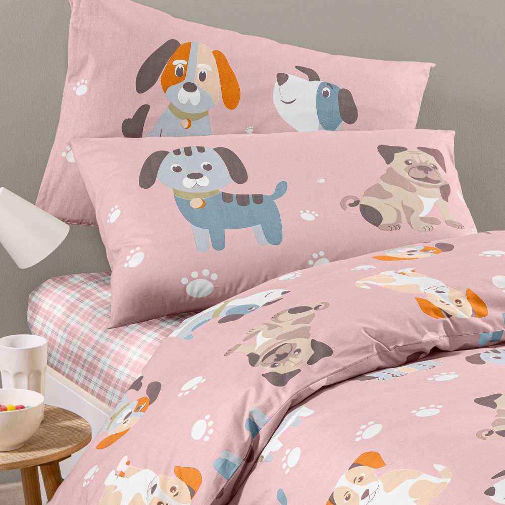 Parure Copripiumino Cuccioli in cotone. Fantasia per bambina con simpatici cagnolini su fondo rosa.