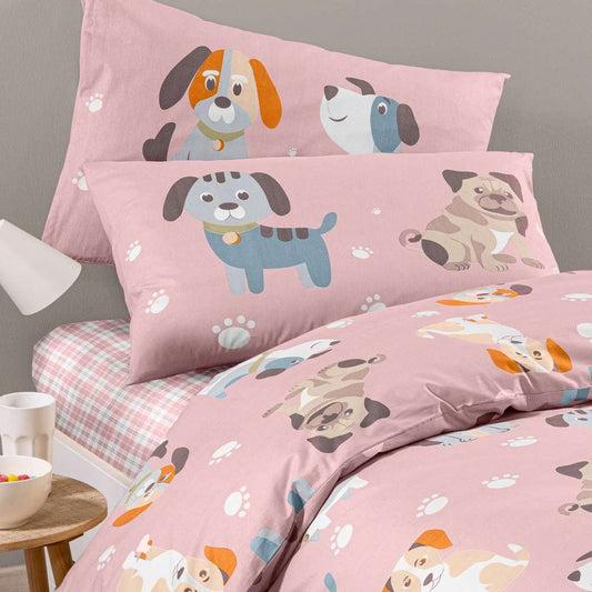 Parure Copripiumino Cuccioli in cotone. Fantasia per bambina con simpatici cagnolini su fondo rosa.