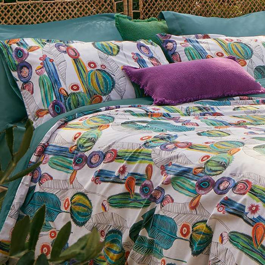 Copripiumino Fazzini Frida matrimoniale. Fantasia cactus e fiori. Retro sacco verde petrolio.