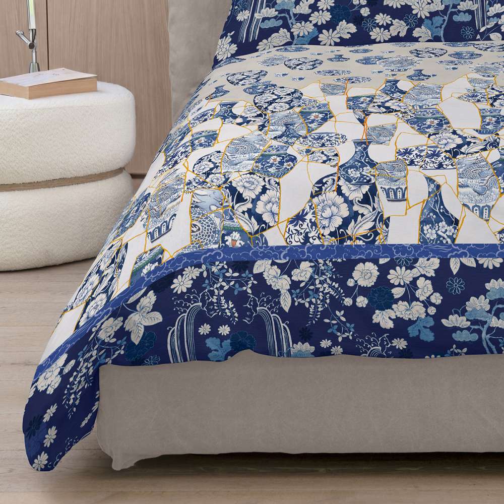 copripiumino fazzini kintsugi matrimoniale. fantasia bianco blu oro moderna floreale