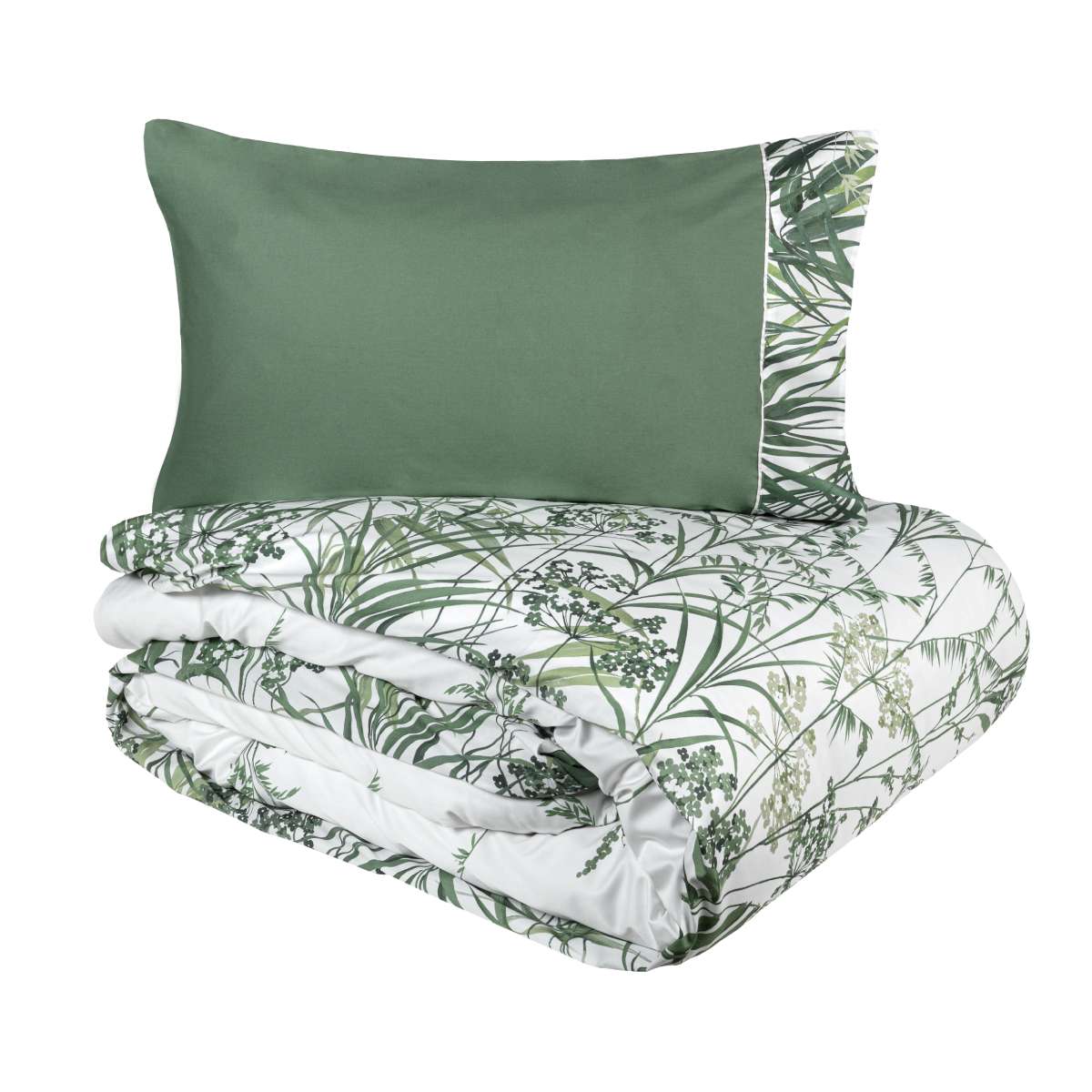 Copripiumino matrimoniale Fazzini Fields, in percalle di puro cotone. La fantasia del completo lenzuola Fields ritrae lunghi steli su cui sbocciano fiori campestri che sembrano appena mossi dalla brezza. Il bianco del fondo appare luminoso, per poi svanire pian piano nel disegno che si fa sempre più fitto- Colore verde.