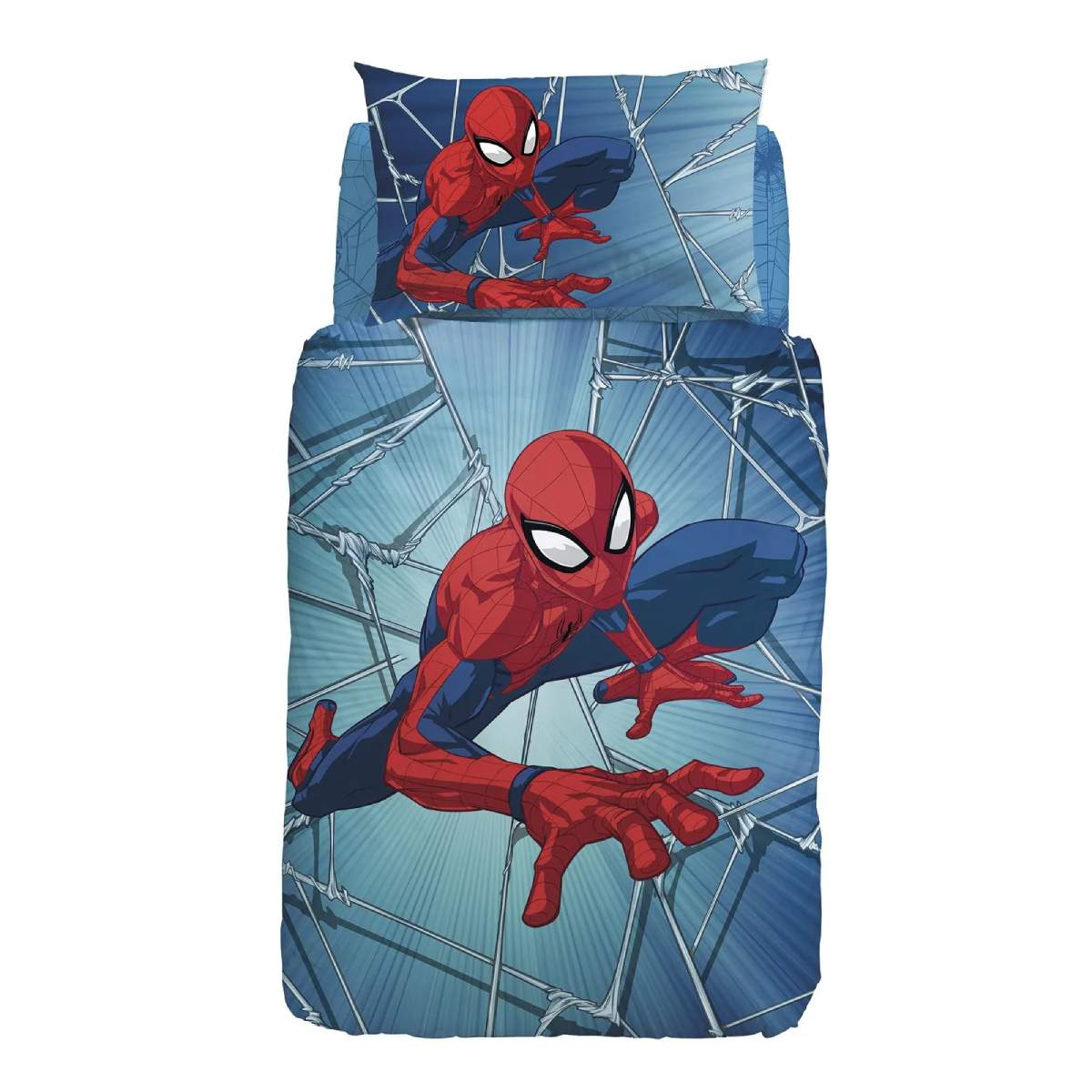 Completo Copripiumino Spiderman Force in puro cotone per letto singolo. Linea Caleffi Disney.  Copripiumone per bambino con grande fantasia di Spiderman su fondo azzurro. La federa è double face, mentre il lenzuolo con angoli presenta una fantasia con ragnatele azzurre.