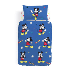 Completo Copripiumino Mickey Retro in puro cotone per letto singolo. Linea Caleffi Disney. Il copripiumino Mickey Retro presenta un'allegra fantasia con Topolino su fondo blu. Il lenzuolo con angoli ha invece il fondo bianco