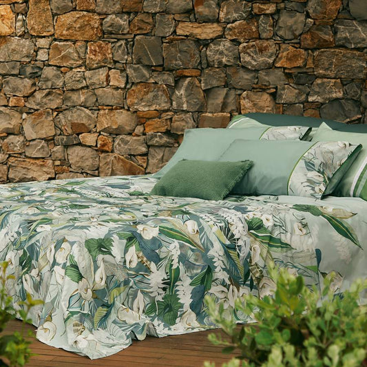 lenzuolo copriletto Fazzini Calle. Fantasia con calle bianche su fondo verde.