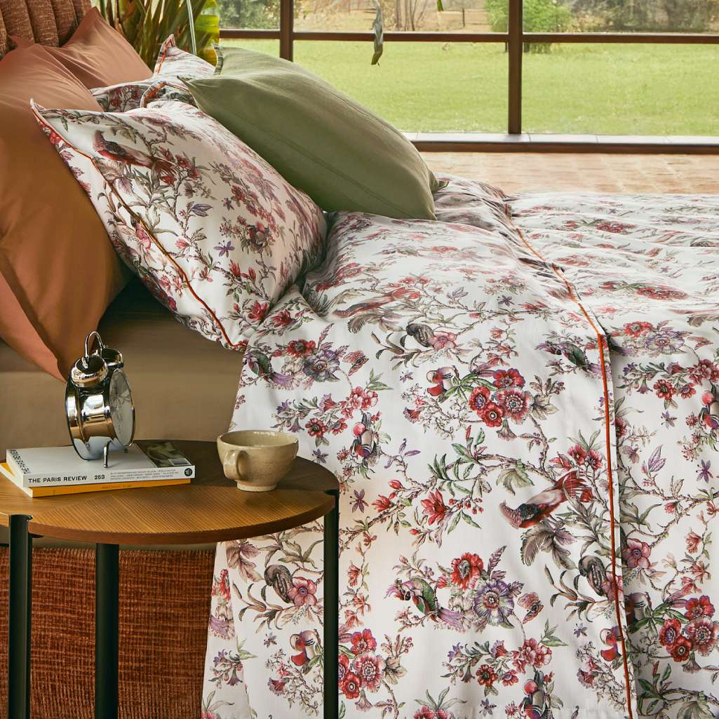 lenzuolo copriletto fazzini birds garden fantasia con fiori e uccelli colore copper rosso