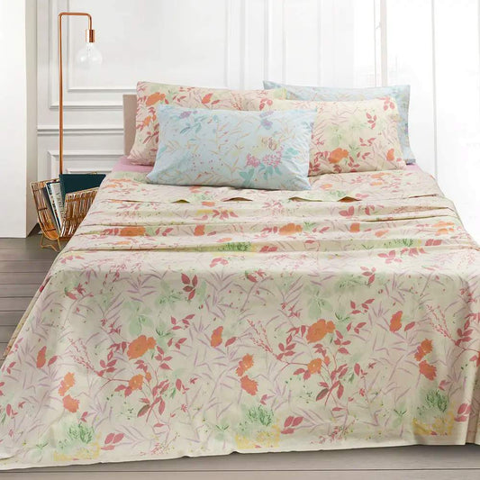 lenzuolo copriletto Somma giorgia fantasia con fiori arancio e rosa su fondo beige