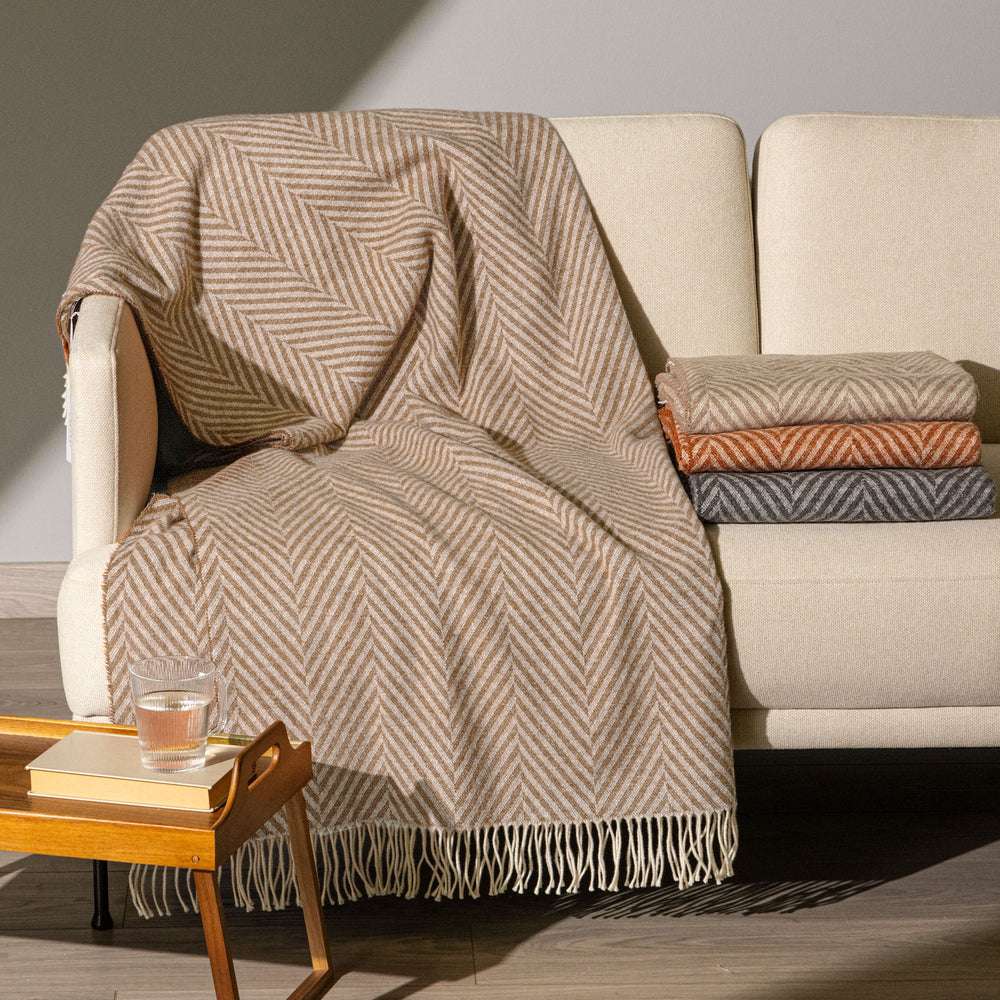 plaid caleffi chalet naturale beige coperta in cotone con frange fantasia chevron
