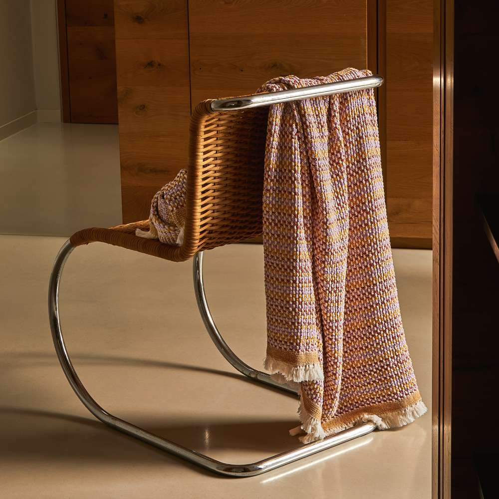 plaid telaio fazzini in cotone intrecciato, colore lavanda, zucca, sandalo