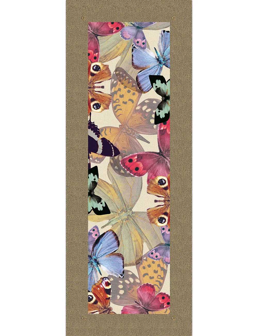 Runner Borbonese Butterfly in panama di puro cotone con stampa digitale.Corsia dalla fantasia moderna e allegra, con cornice nella classica fantasia Borbonese a occhio di pernice e parte centrale con farfalle colorate.  Corsia rettangolare, misura 50x150 cm. 