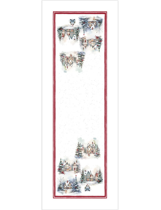 Corsia natalizia Frozen di Tessitura Randi. 
Runner fantasia con paesaggio natalizio: case innevate e abeti addobbati su fondo chiaro. Il tutto racchiuso in una cornice di colore rosso.