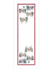 Corsia natalizia Frozen di Tessitura Randi. 
Runner fantasia con paesaggio natalizio: case innevate e abeti addobbati su fondo chiaro. Il tutto racchiuso in una cornice di colore rosso.