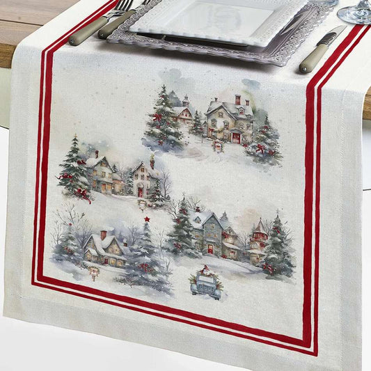 Corsia natalizia Frozen di Tessitura Randi. 
Runner fantasia con paesaggio natalizio: case innevate e abeti addobbati su fondo chiaro. Il tutto racchiuso in una cornice di colore rosso.