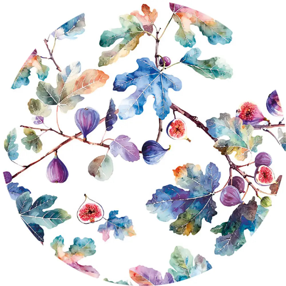 Tovaglia rettangolare gabel fichi in cotone. fantasia foglie azzurre e viola su fondo bianco