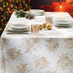 Tovaglia natalizia Melograni di Gabel-Vallesusa. Tovaglia in fantasia floreale tono su tono, con melograni e fiori su fondo tortora.