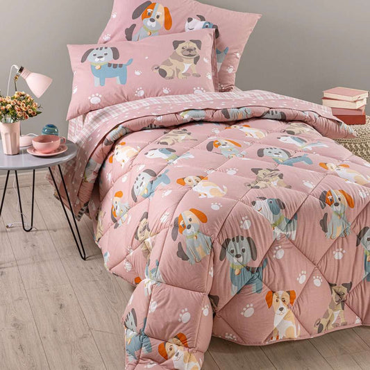 Trapunta invernale Caleffi Cuccioli in puro cotone, fantasia con simpatici cagnolini su fondo rosa. Piumone per letto singolo e piazza e mezza.
