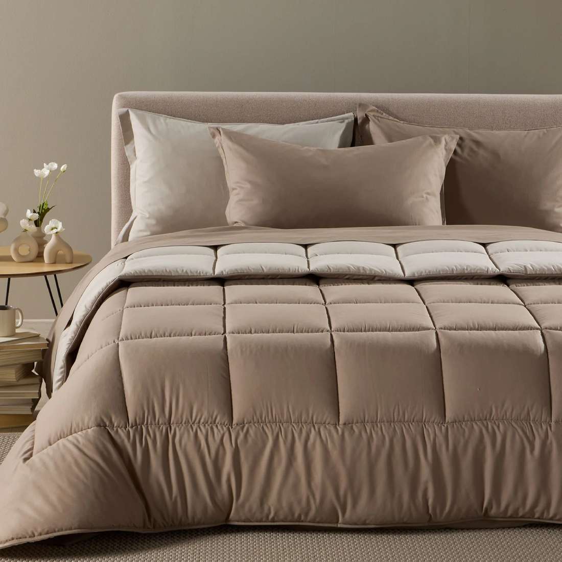 Trapunta invernale matrimoniale Caleffi Vita. piumone tinta unita double face tortora in cotone e Lyocell 