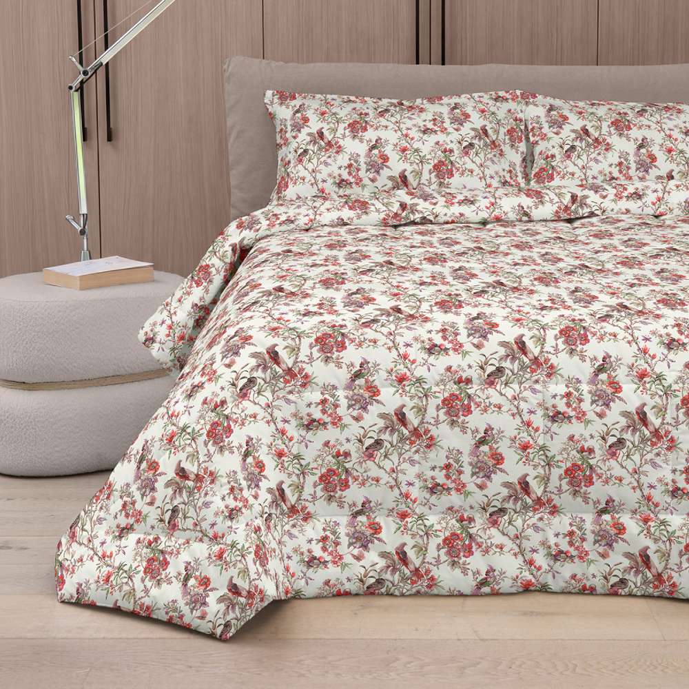 trapunta invernale fazzini birds garden fantasia fiori e uccelli colore rosso piumone matrimoniale