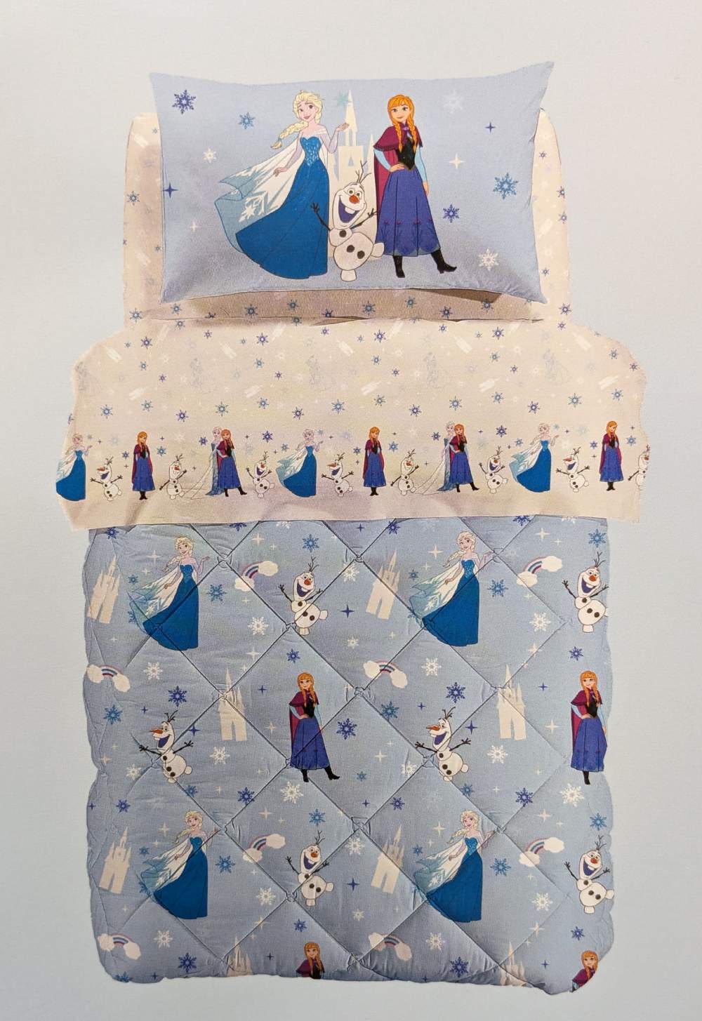 Trapunta invernale Caleffi Disney Frozen Star in cotone.
Fantasia azzurra con Elsa, Anna e Olaf dal film Disney Frozen.