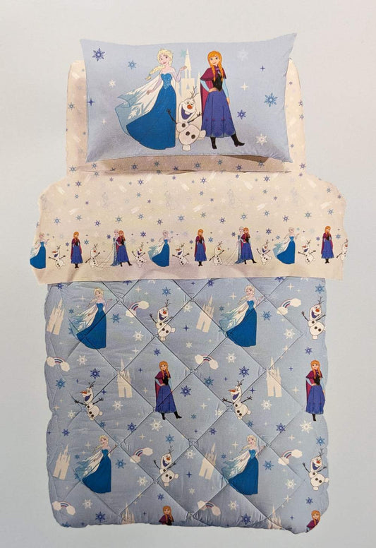 Trapunta invernale Caleffi Disney Frozen Star in cotone.
Fantasia azzurra con Elsa, Anna e Olaf dal film Disney Frozen.