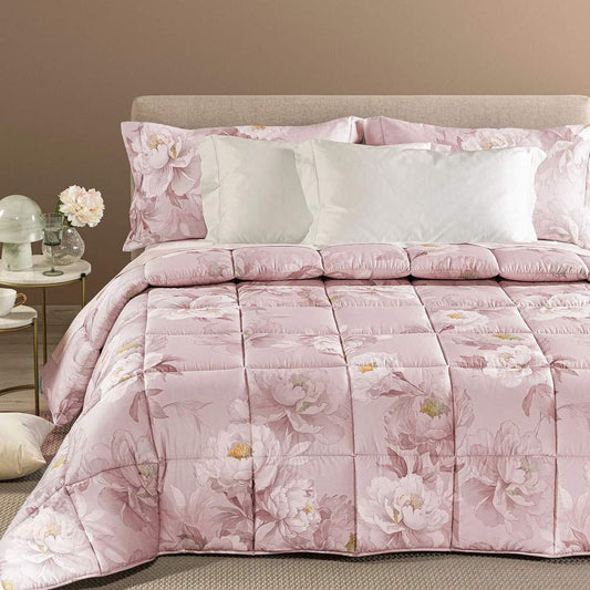 Trapunta Invernale matrimoniale Caleffi Eloise, piumone in raso di cotone fantasia fiori rosa
