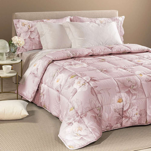 Trapunta Invernale matrimoniale Caleffi Eloise, piumone in raso di cotone fantasia fiori rosa