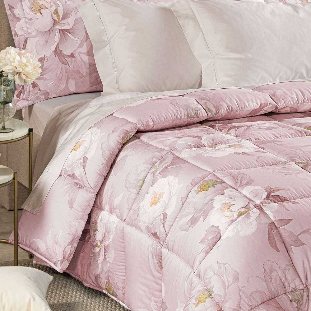 Trapunta Invernale matrimoniale Caleffi Eloise, piumone in raso di cotone fantasia fiori rosa
