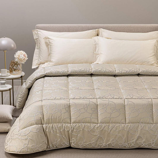 Trapunta invernale matrimoniale Caleffi Lesley, in raso jacquard. piumone fantasia geometrica naturale/beige.