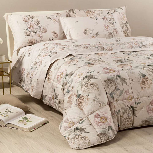 Piumone matrimoniale caleffi in cotone, fantasia fiori chiari su fondo beige