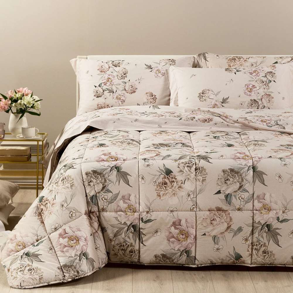 Trapunta invernale matrimoniale caleffi in cotone, fantasia fiori chiari su fondo beige
