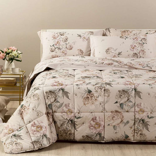 Trapunta invernale matrimoniale caleffi in cotone, fantasia fiori chiari su fondo beige