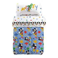 Trapunta invernale Mickey Colors, linea Caleffi Disney. Trapunta in puro cotone per letto singolo. Piumone in fantasia con Topolino e forme geometriche colorate su fondo blu, ideale per i tuoi bambini