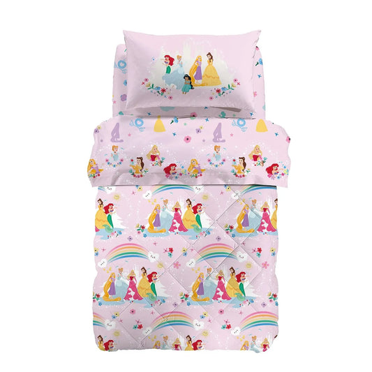 Trapunta invernale Caleffi Disney Princess Flowers. Piumone rosa con arcobaleni e princepesse (Cenerentola, Aurora, Belle, Ariel, Rapunzel)