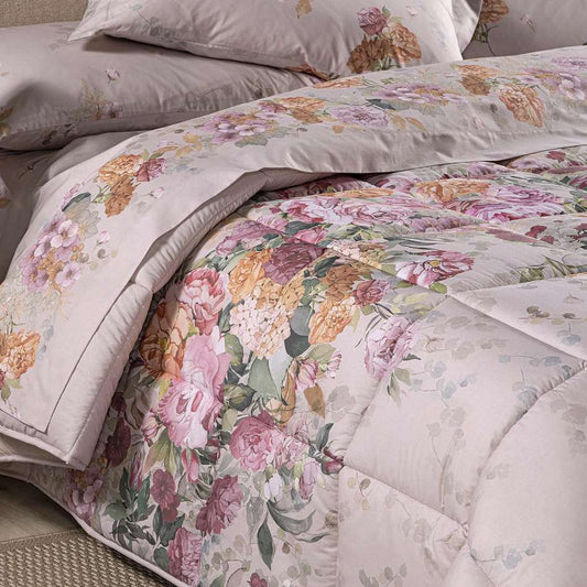 Trapuntino Ikebana Caleffi. Fantasia con fascia di fiori rosa e ocra su fondo beige