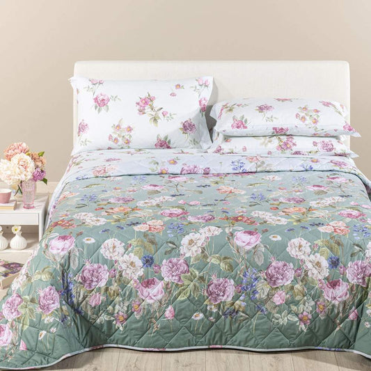 Trapuntino Giardino romantico fantasia floreale con fondo verde degradè