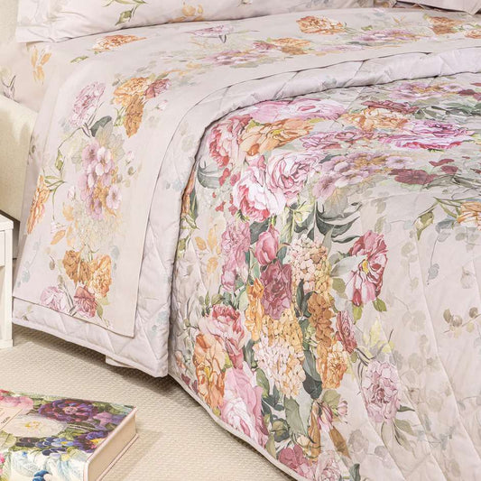 Trapuntino Ikebana Caleffi. Fantasia con fascia di fiori rosa e ocra su fondo beige