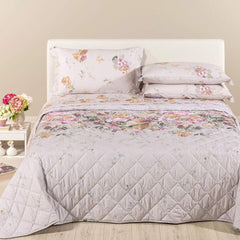 Trapuntino Ikebana Caleffi. Fantasia con fascia di fiori rosa e ocra su fondo beige