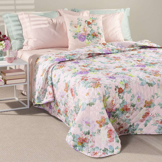 Trapuntino matrimoniale Caleffi Giardino, in puro cotone con stampa digitale. La trapunta primaverile Giardino presenta una vivace fantasia floreale, con fiori di vari colori su fondo chiaro. Il copriletto trapuntato Giardino è perfetto per la stagione primaverile e autunnale