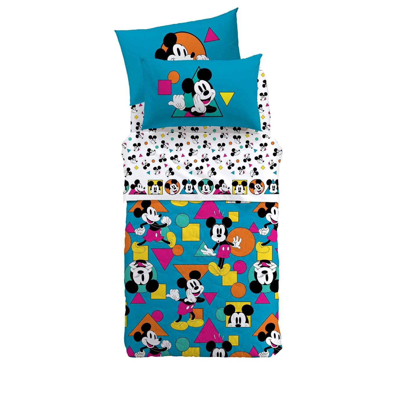 Trapuntino Caleffi Mickey Geo in puro cotone per letto singolo. Fantasia con Topolino e forme geometriche colorate su fondo azzurro/verde petrolio. Il trapuntino è double face e la fantasia è presente anche sulla faccia inferiore, con piccoli volti di Topolino su fondo bianco. Trapunta primaverile.