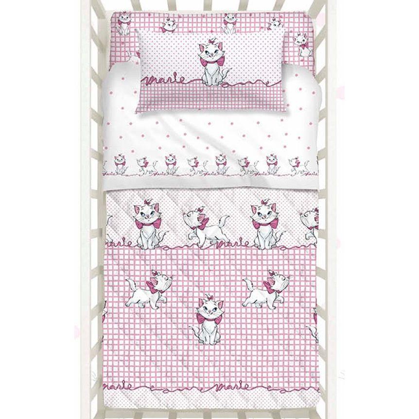 trapuntino culla caleffi disney aristogatti. Fantasia con gattina Minou su fondo bianco e rosa.