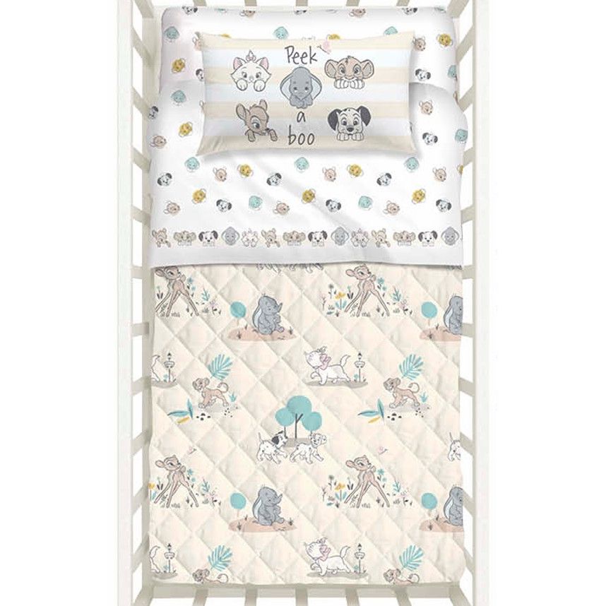 trapuntino culla Baby Pets di Caleffi. Fantasia beige con cuccioli Disney Dumbo, Bambi, Simba.