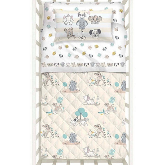 trapuntino culla Baby Pets di Caleffi. Fantasia beige con cuccioli Disney Dumbo, Bambi, Simba.