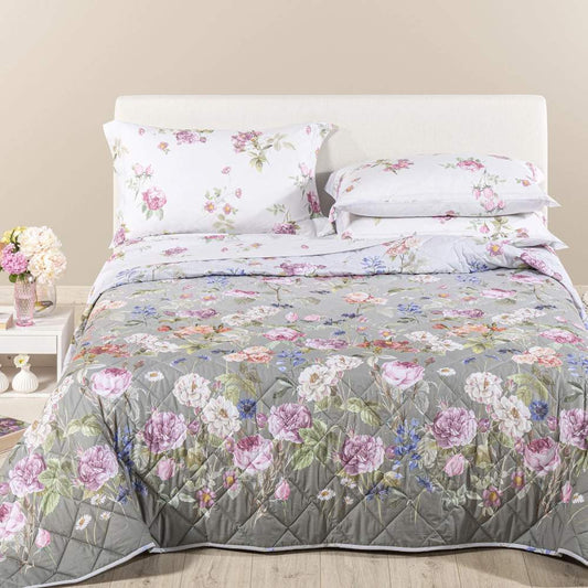 Trapuntino Giardino romantico fantasia floreale con fondo tortora degradè