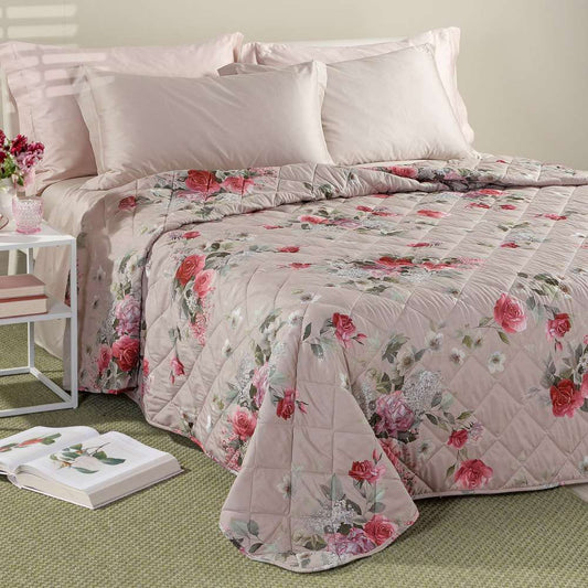 Trapunta primaverile Caleffi Melody in microfibra, per letto matrimoniale. Trapuntino con romantica fantasia floreale con rose rosse e fiori chiari su fondo tortora