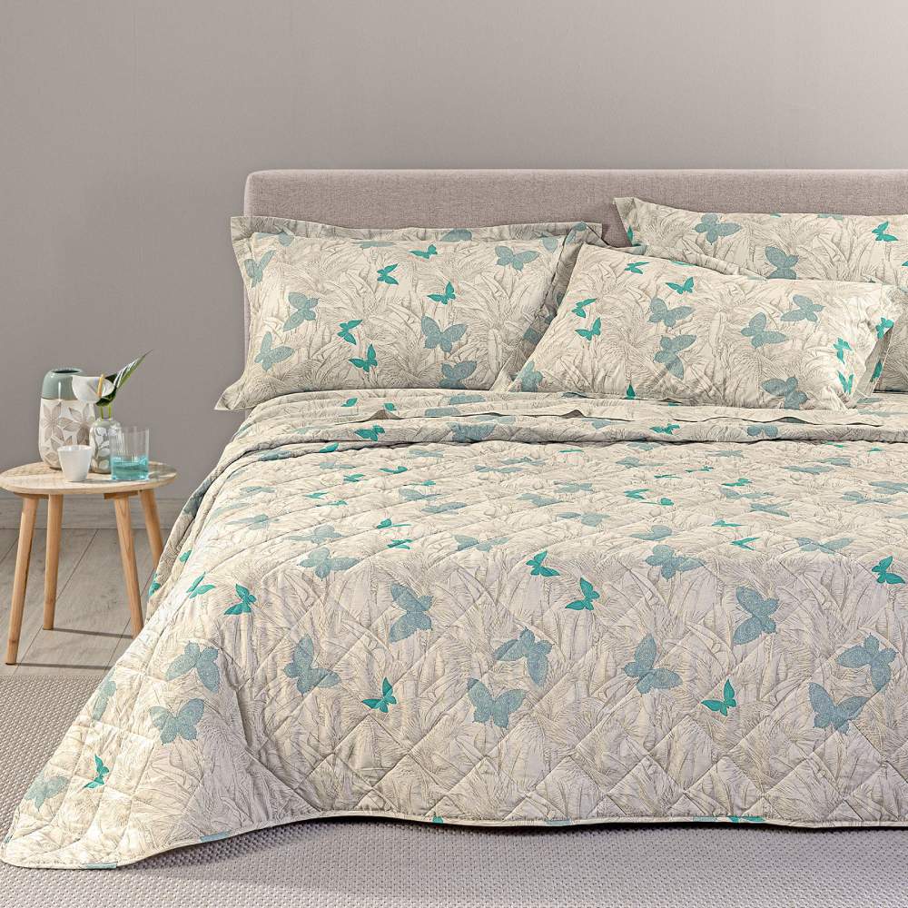 Trapuntino Marisol Caleffi fantasia botanica beige con farfalle azzurre