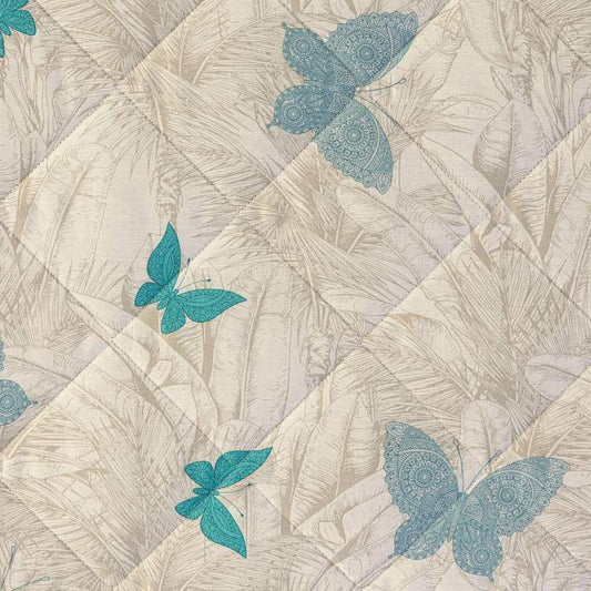 Trapuntino Marisol Caleffi fantasia botanica beige con farfalle azzurre. dettaglio