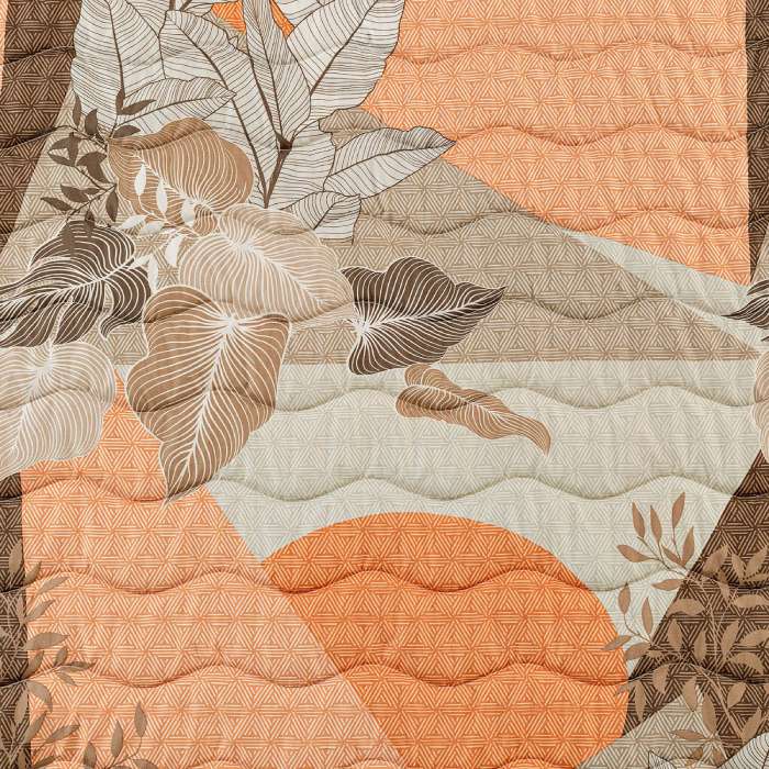 Trapunta primaverile Caleffi Rick in microfibra, per letto matrimoniale. La trapunta primaverile Rick presenta una fantasia moderna che è un interessante mix tra geometrico e floreale. dettaglio fantasia. colore ambra arancio