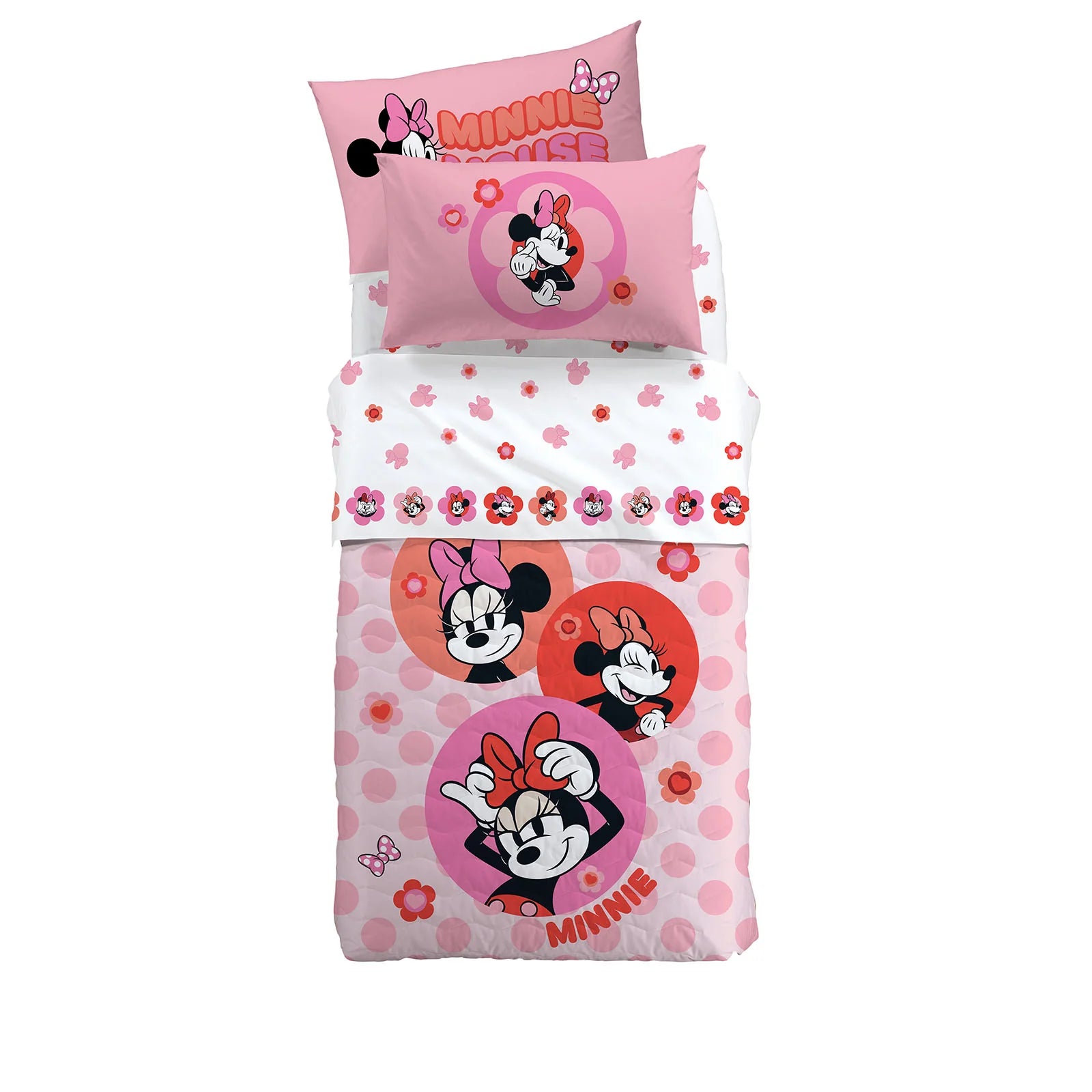 Trapuntino Caleffi Minnie Flowers in puro cotone per letto singolo.Fantasia piazzata, con immagini di Minnie a centro letto su fondo floreale rosa. Ideale per la tua bambina.Trapuntino double face. Il retro presenta una fantasia bianca con fiori. Trapunta primaverile.